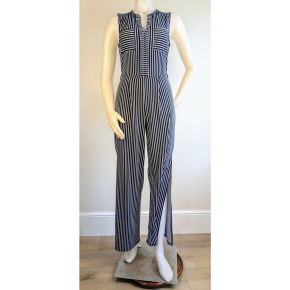 Monteau Blue White Sleeveless Striped Stretch Jumpsuit Open Back Size Medium - Picture 2 of 11